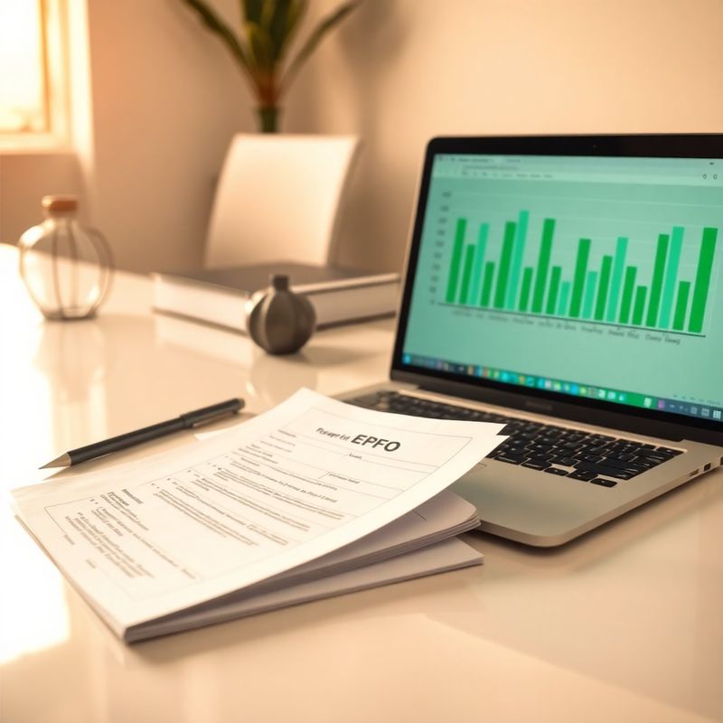 EPFO document alongside a laptop showing payroll bar charts in emerald green