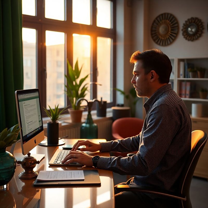 Journalist typing an email at a bright Hyderabad office desk
