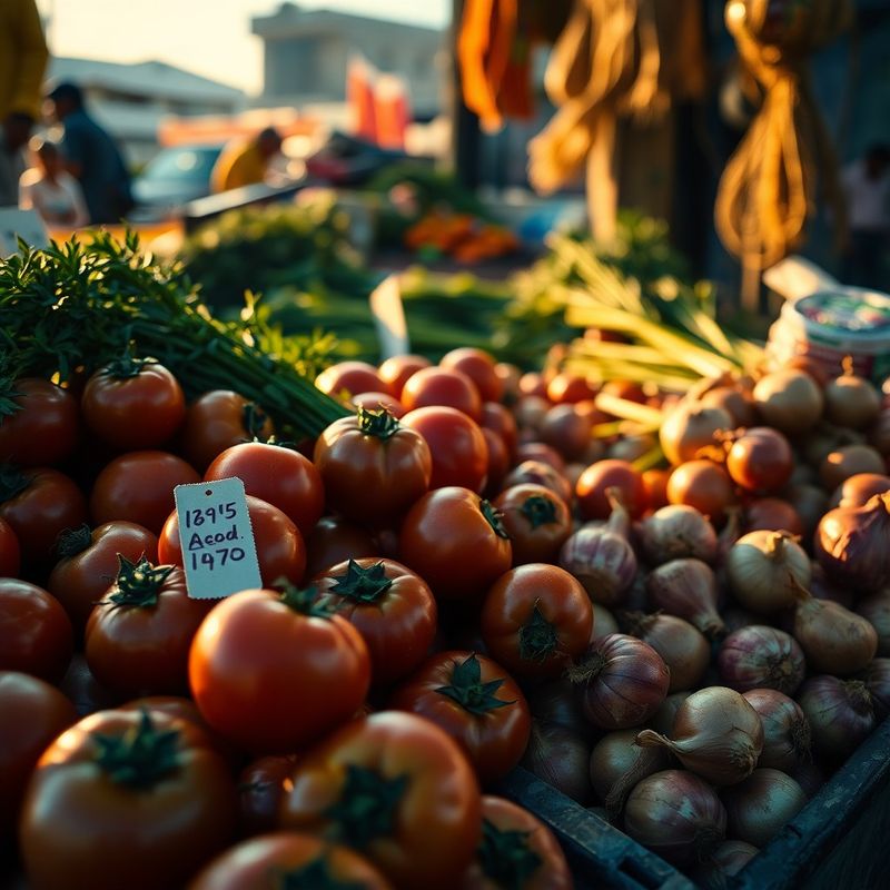 Vegetable market stall in Hyderabad with visible price tags on tomatoes and onions