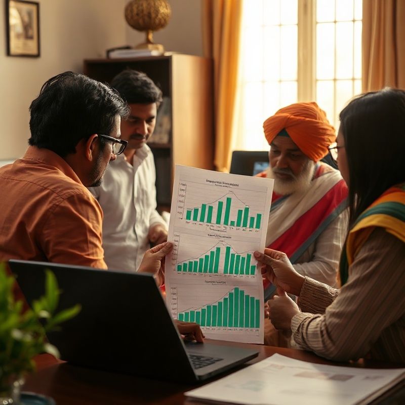 Small Hyderabad newsroom team reviewing printed government statistical documents
