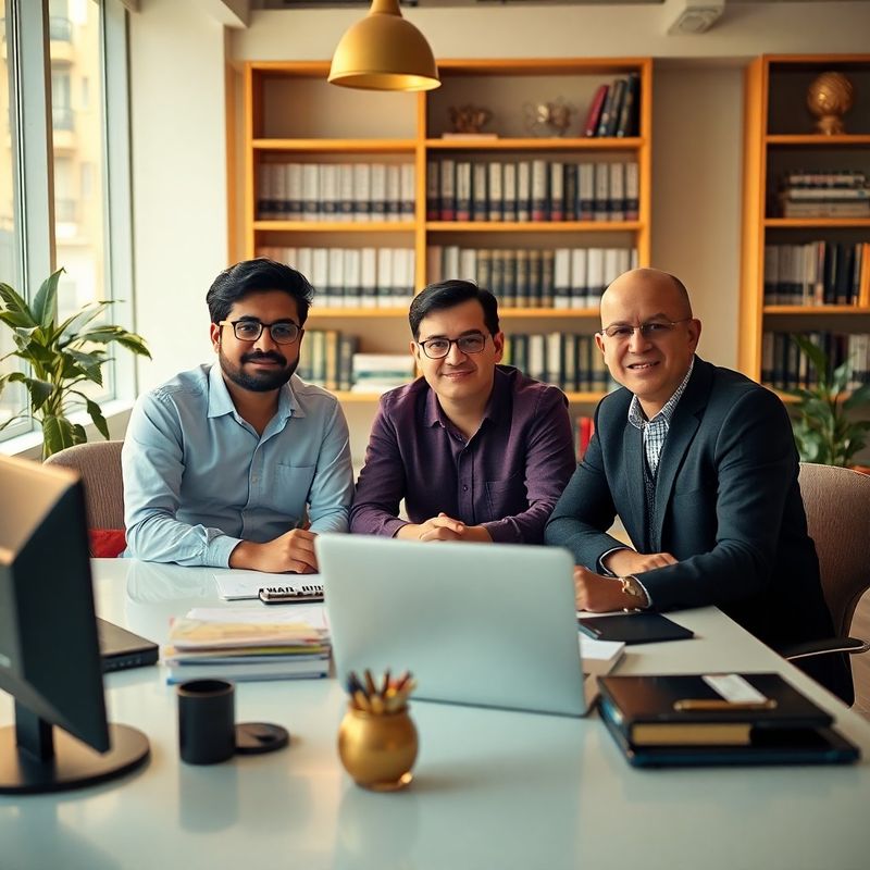 Three-person economics journalism team at an open-plan office desk in Hyderabad